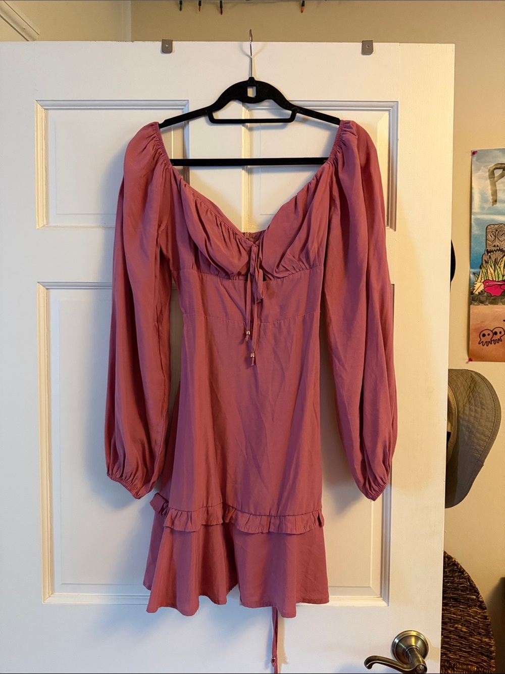 Womens Mauve Long-Sleeve Ruffle Mini Dress
